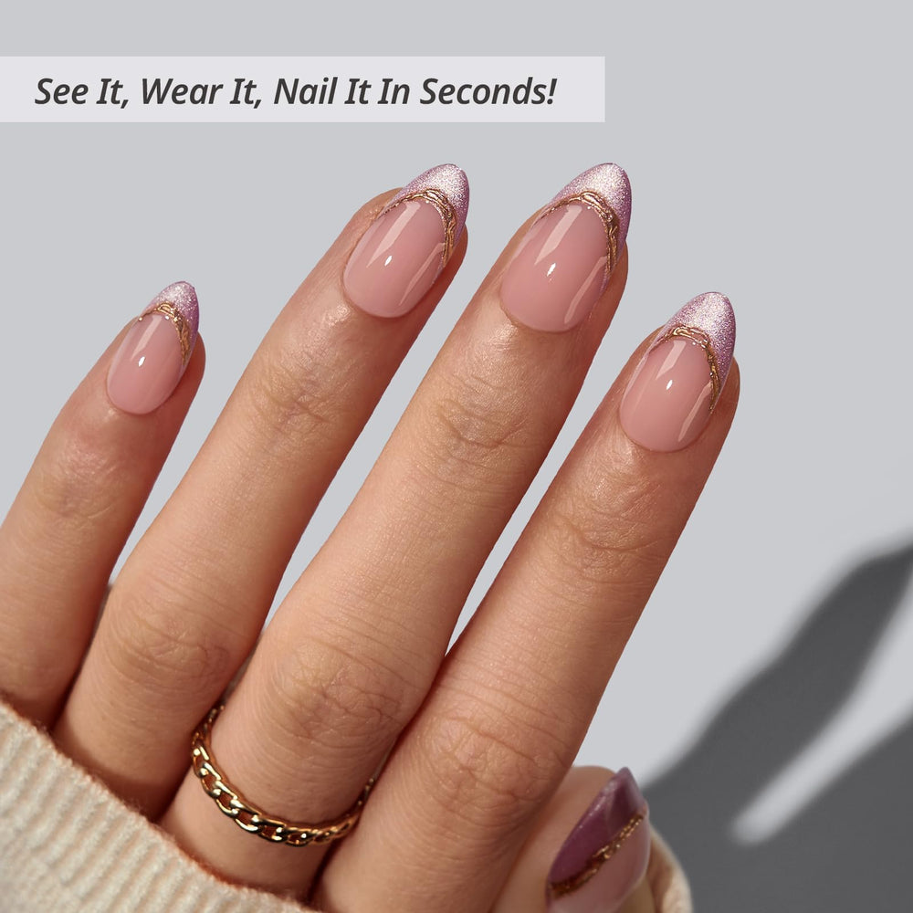 BTArtbox Pink Aurora nails on hand showing almond shape and 3D gold line detail for an elegant look.
