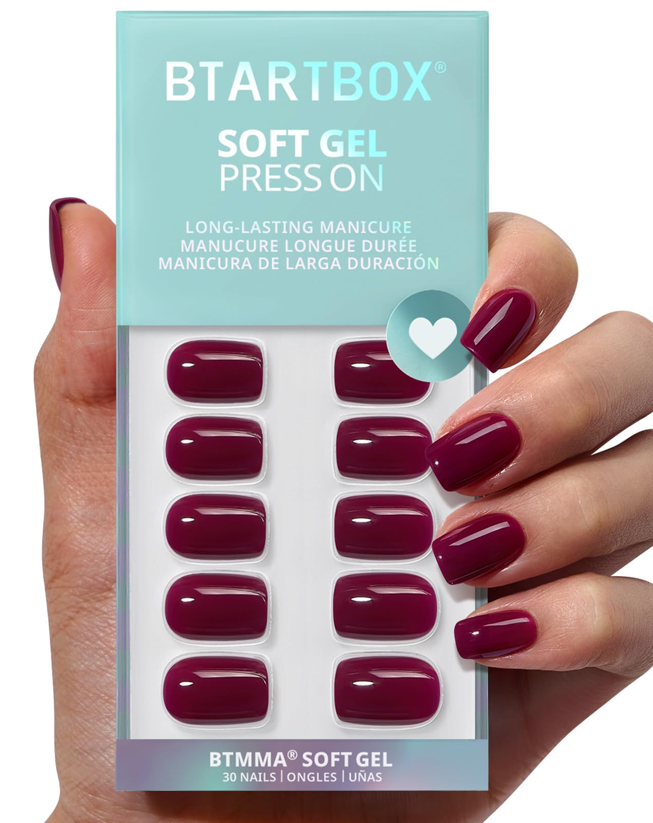BTArtbox plum red squoval nails on hand for quick at-home manicure