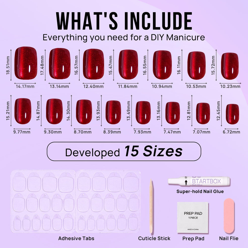 BTArtbox press-on nails 15-sizes graphic ensures a custom, snug fit for diverse nail beds.