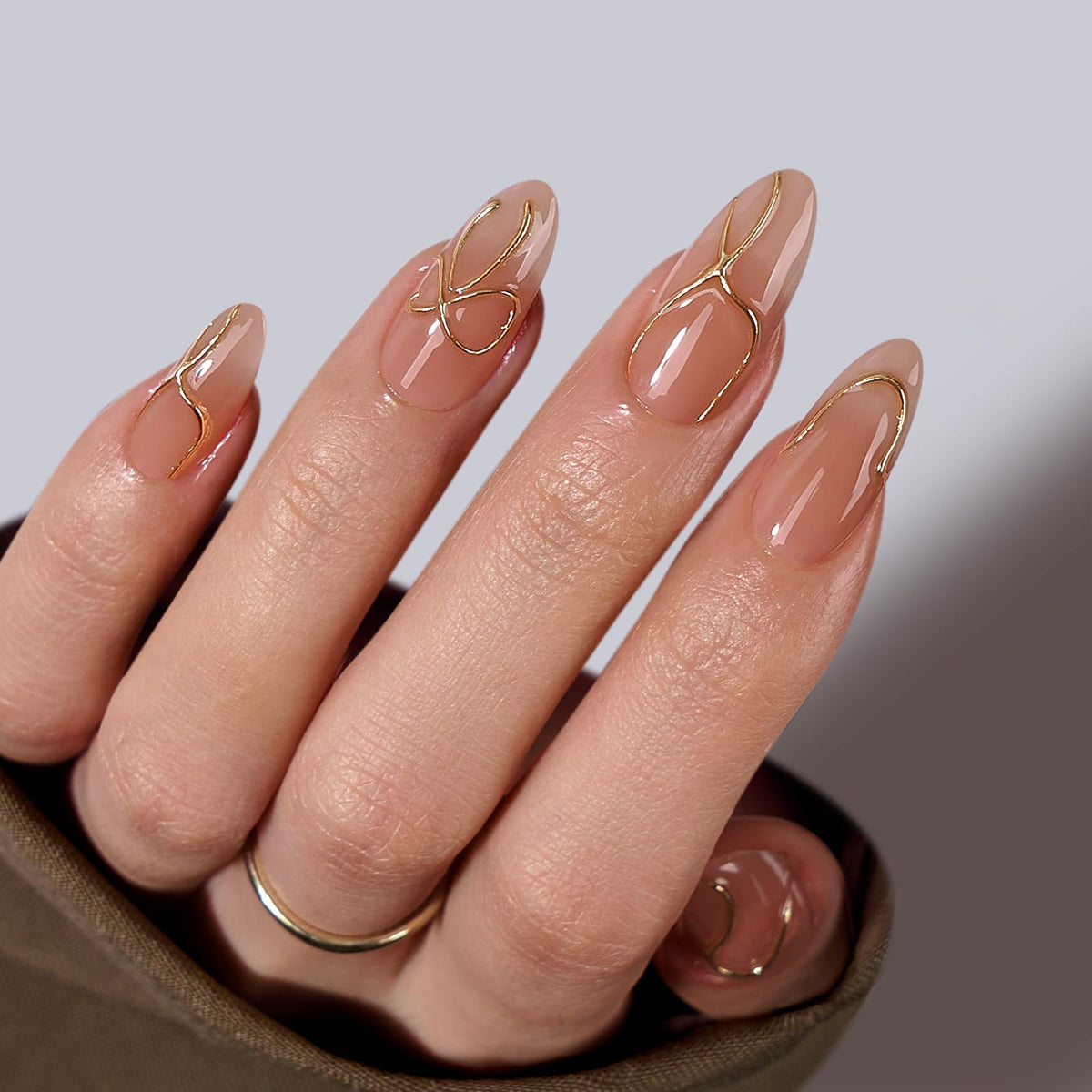BTArtbox almond press on nails with 3D gold lines for salon finish