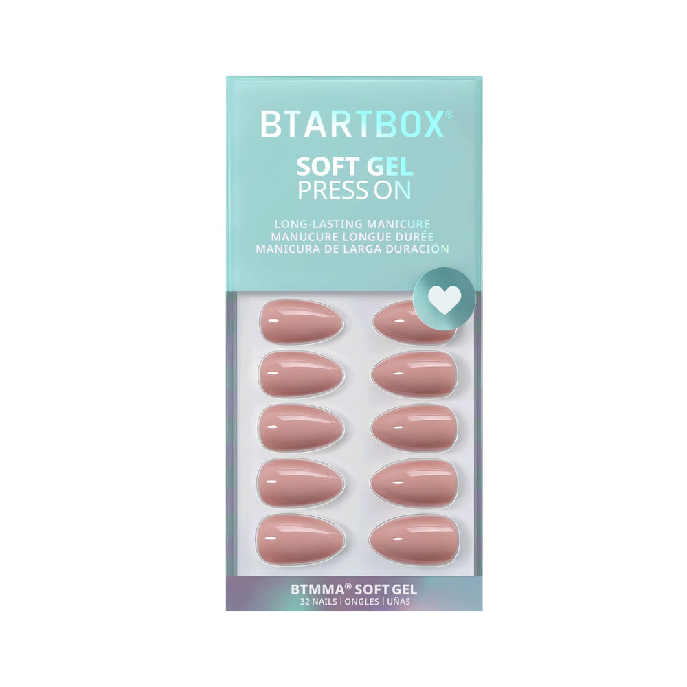 BTArtbox almond nails on a tray highlighting natural-looking finish.