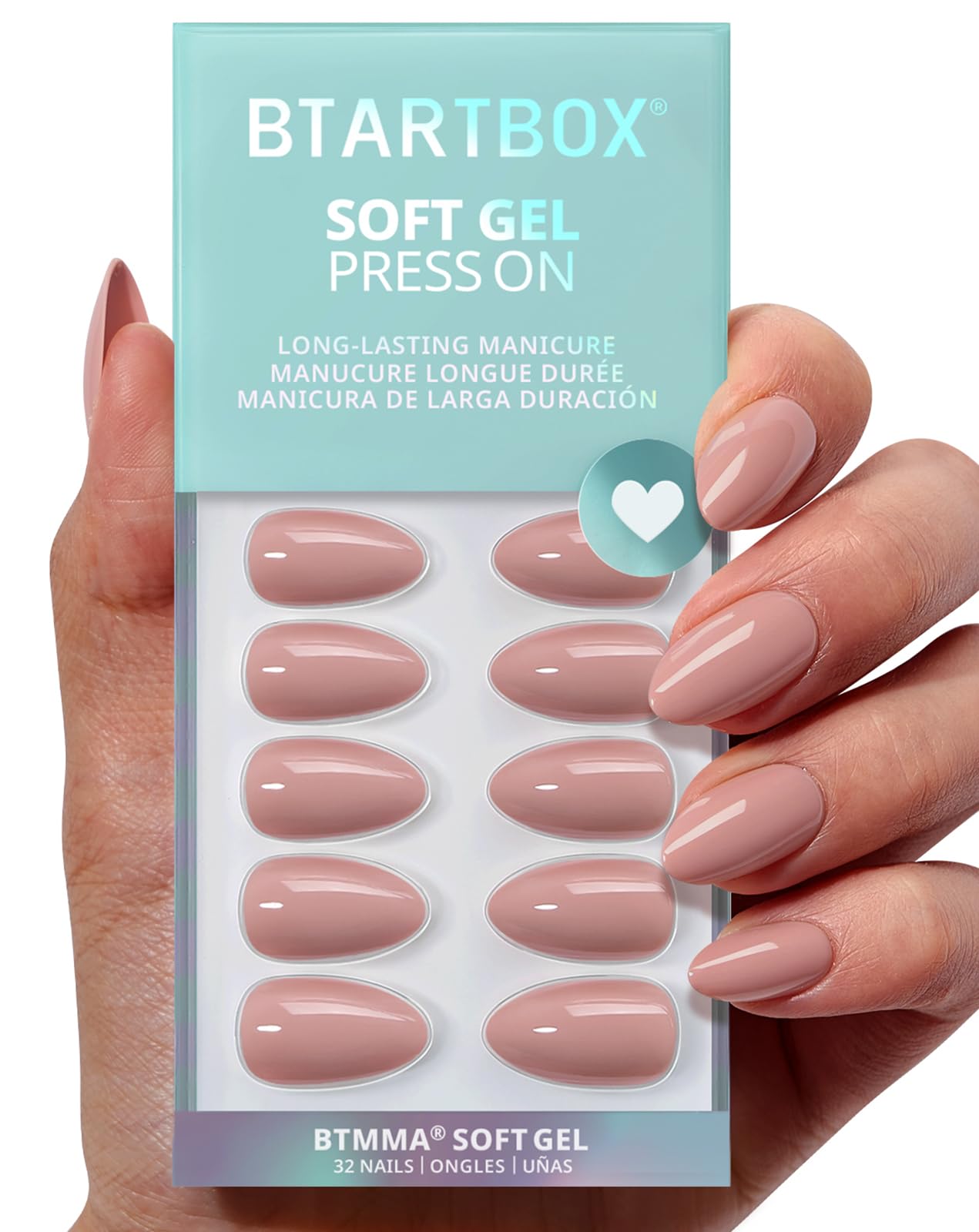 BTArtbox Almond press-on nails close-up showing flesh pink nude finish for at-home manicure.