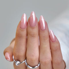 BTArtbox press on nails almond pink chrome finish showcases a shimmering look.
