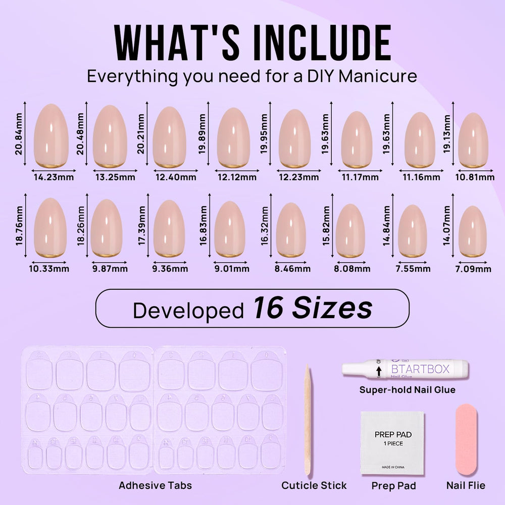 BTArtbox kit-included visual showing glue, tabs, and file for DIY manicure.