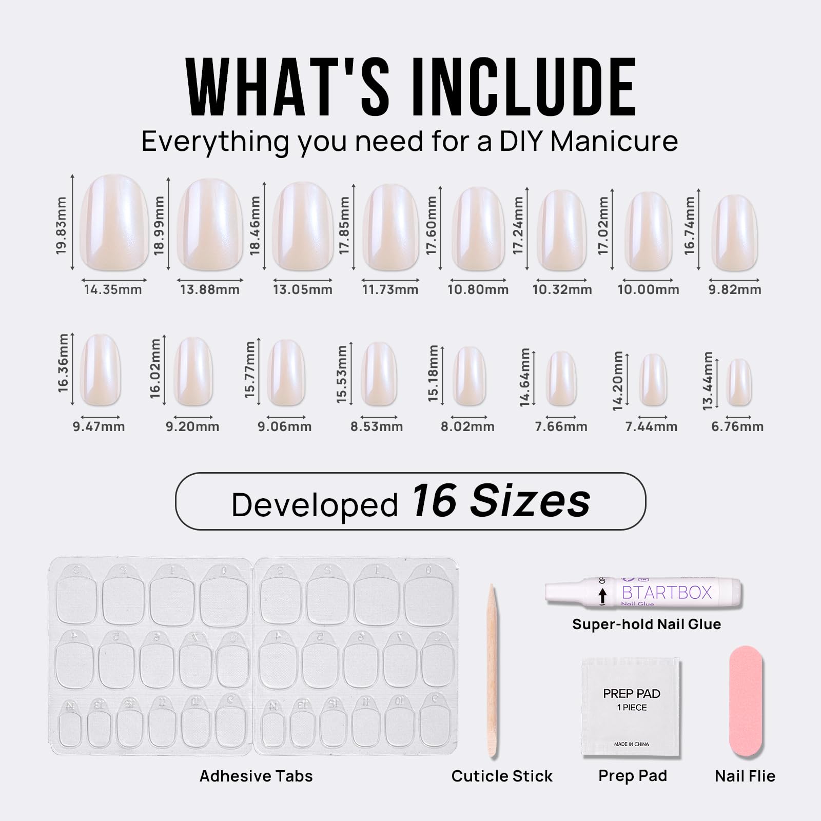 BTArtbox kit includes glue, tabs, file, cuticle stick for quick application.