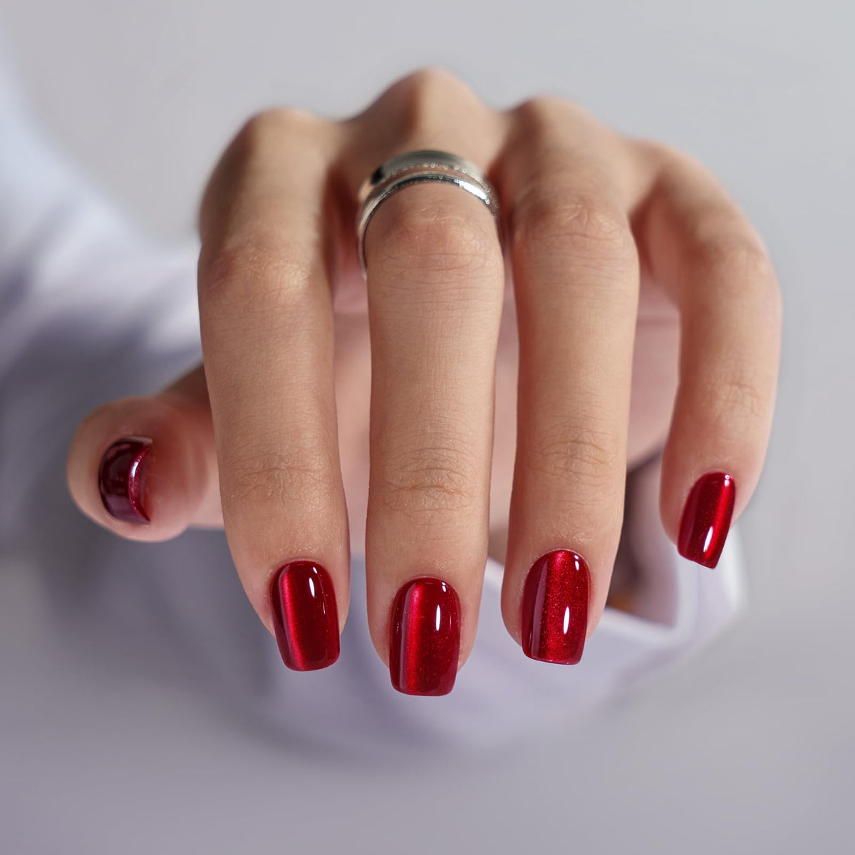 BTArtbox press-on nails red cat-eye square front view shows salon-ready finish for fast, lasting manicures.
