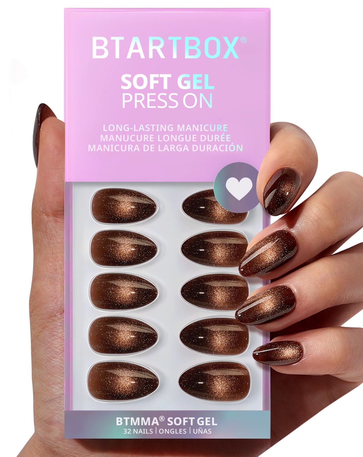 BTArtbox Short Mocha Hypnotic nails in almond-brown sparkle for daily elegance.