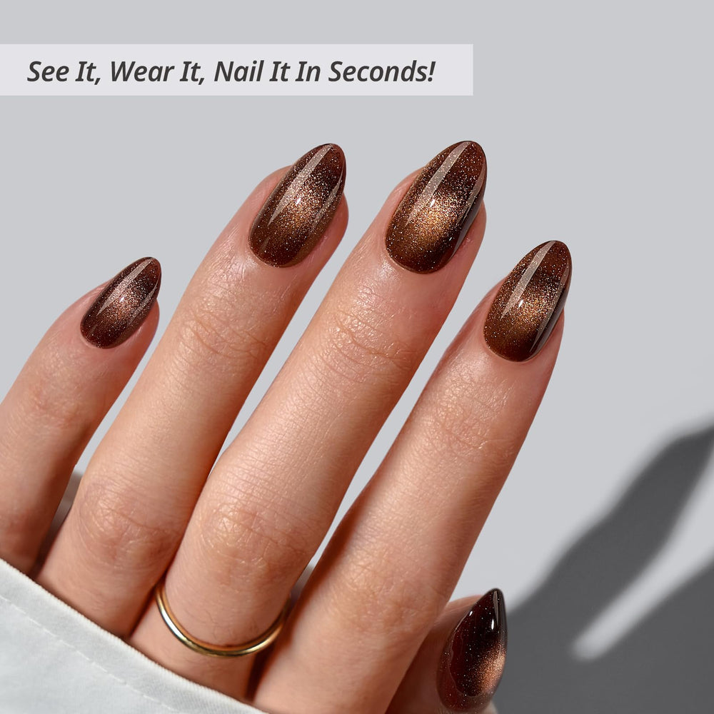 BTArtbox Mocha Hypnotic cat-eye nails with glue and tabs for quick results.