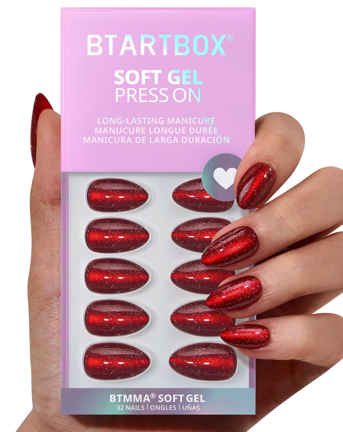BTArtbox red sparkle almond nails kit—full 32-nail set for versatile DIY manicure