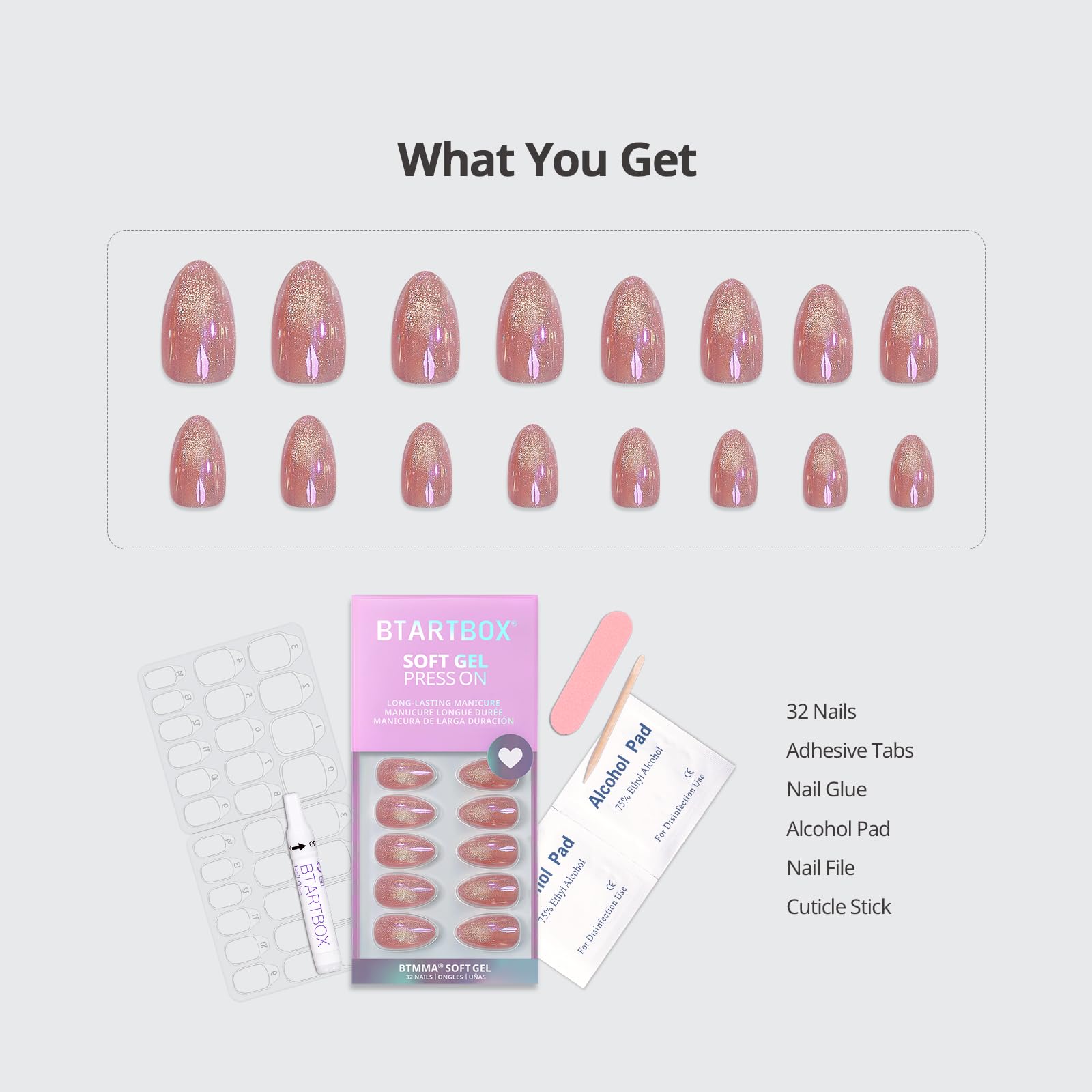 BTArtbox pink-cat-eye almond nails with adhesive tabs for easy removal