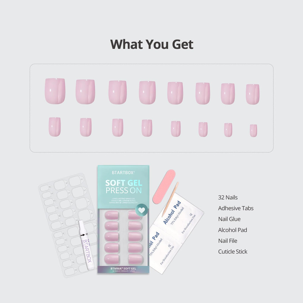 BTArtbox press-on nails square solid pink short contents kit includes 32 nails and tools