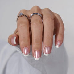 BTArtbox press on nails white French Tip with chrome glaze closeup showing salon shine.