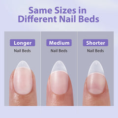 BTArtbox short almond nail tips 16-sizes range demonstrates customized fit for any nail bed.