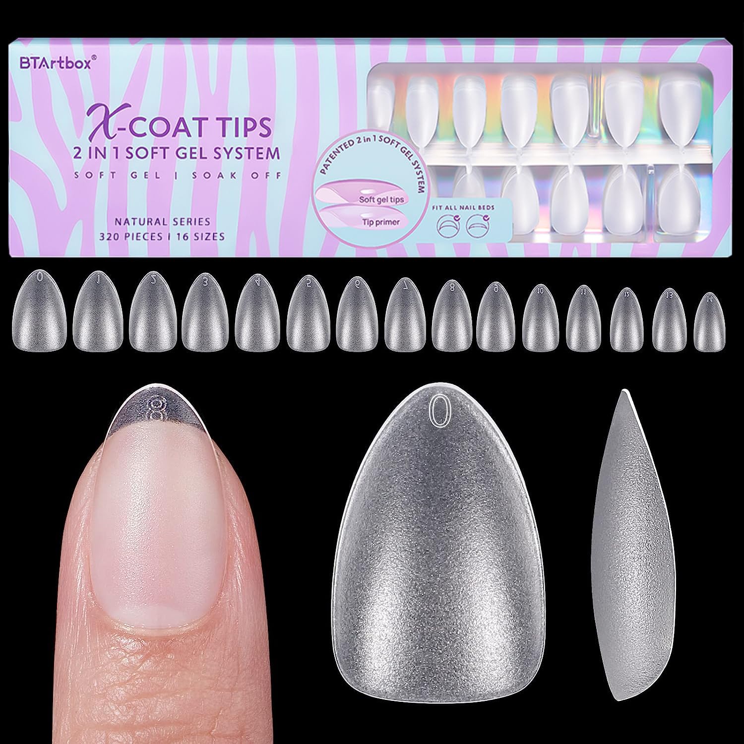 BTArtbox short almond nail tips front view for natural short extensions and easy DIY manicure.