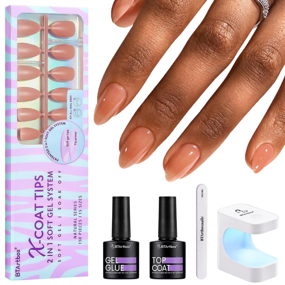 BTArtbox short almond nail tips natural-looking extensions with long-lasting adhesion.