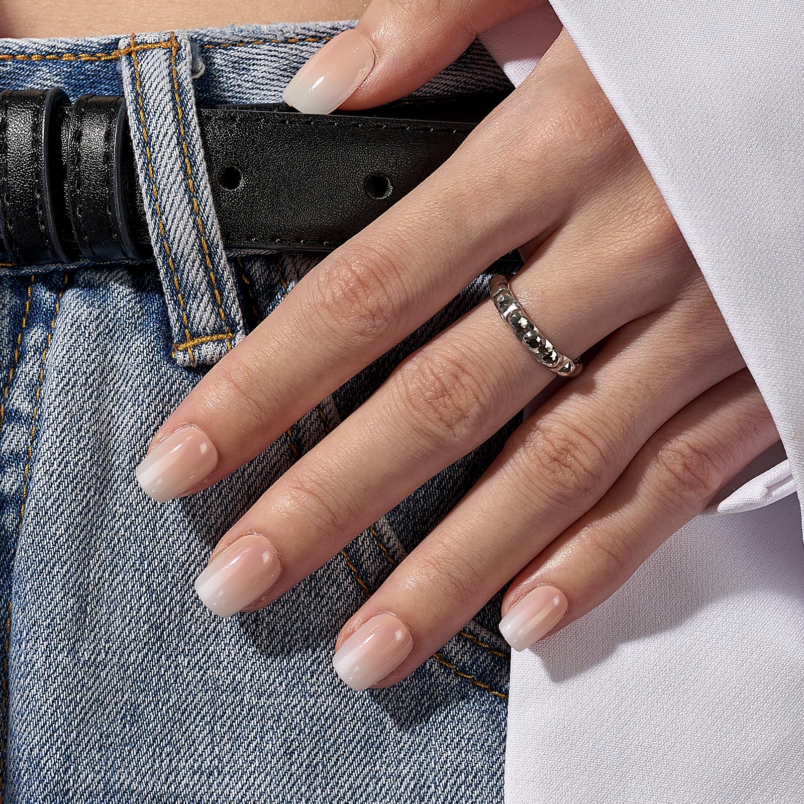 BTArtbox Soft Gel Press-On Nails in Vanilla Cream on hand for natural, flexible wear.