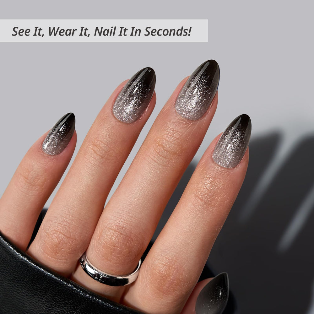 BTArtbox Sparkle Black Almond nails full set on hand for glam at home