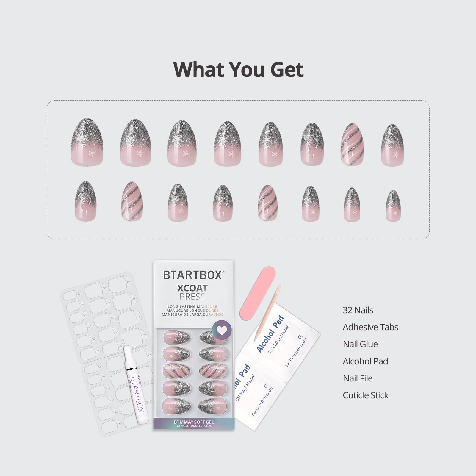 BTArtbox Sparkle Bow 32-nail kit packaging image emphasizes complete at-home manicure.