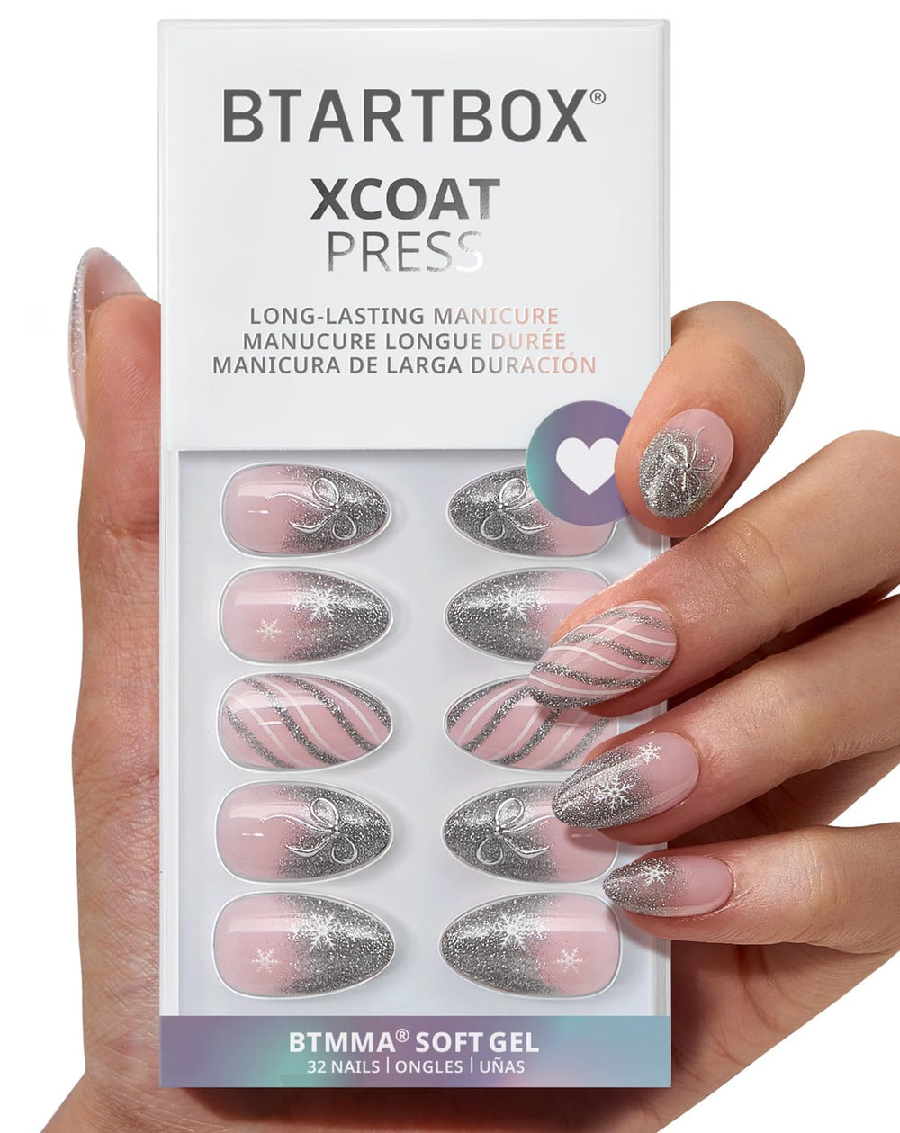 BTArtbox Sparkle Bow French Tip nails front view for glamorous, salon-grade confidence.