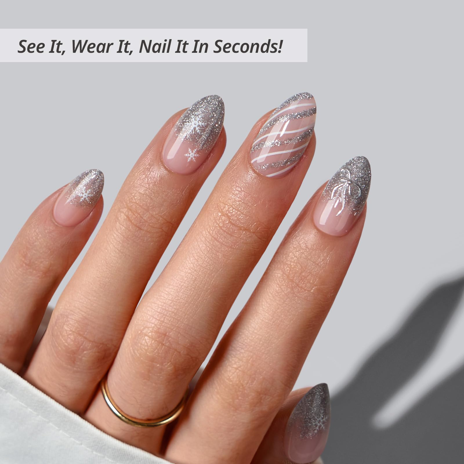 BTArtbox Sparkle Bow nails side profile showcases subtle almond shape and comfortable wear.