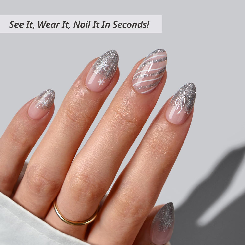 BTArtbox Sparkle Bow nails side profile showcases subtle almond shape and comfortable wear.
