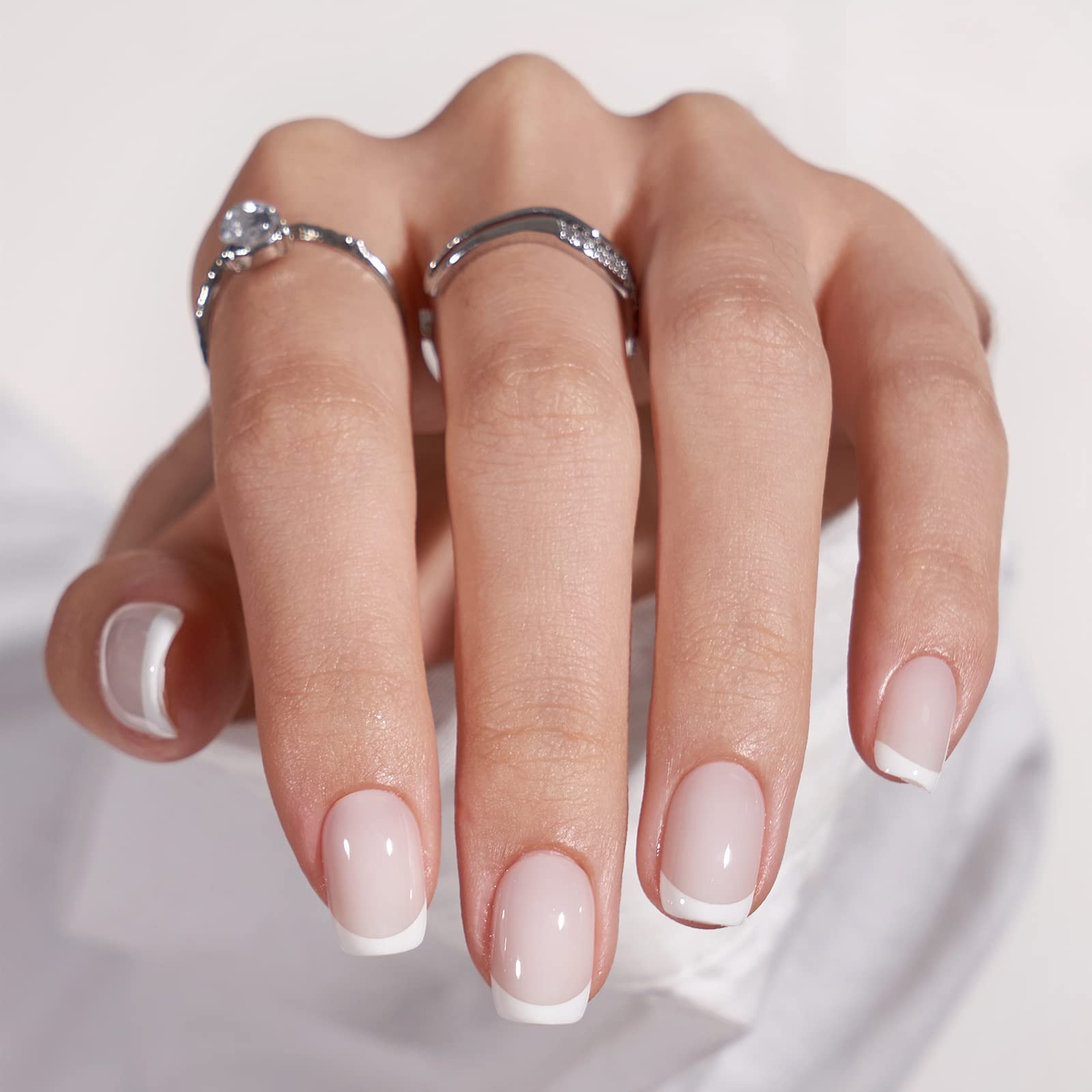 BTArtbox white French tip square nails closeup showing salon-like finish for daily wear.