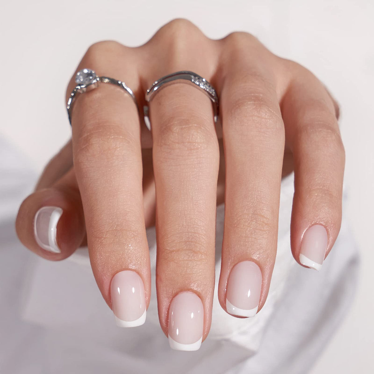 BTArtbox white French tip square nails closeup showing salon-like finish for daily wear.