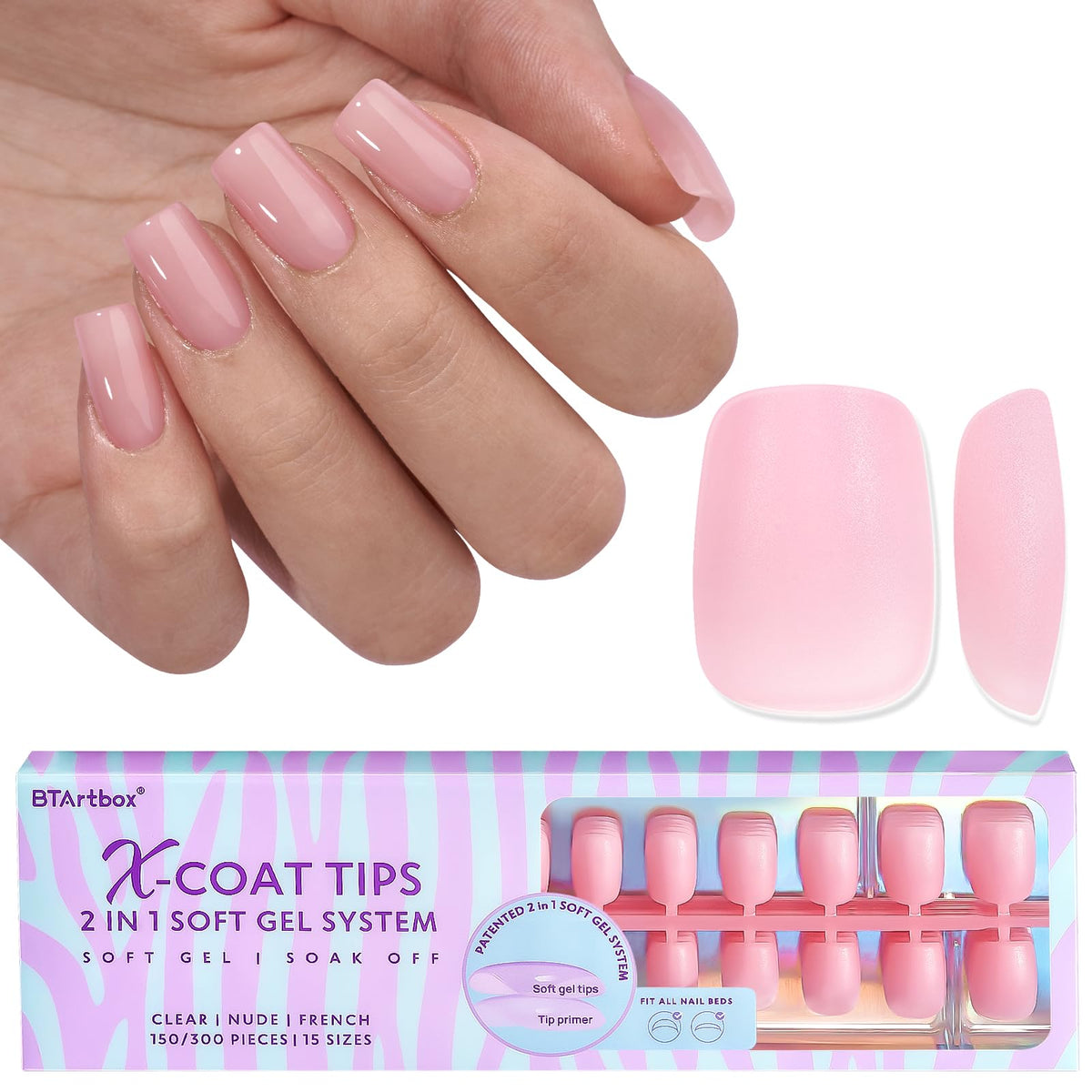 BTArtbox XCOATTIPS extra-short square pink nails ready for natural at-home manicure