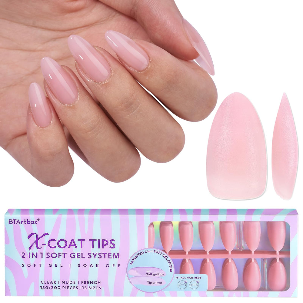 BTArtbox XCOATTIPS matte almond nails pink for natural look and easy wear.