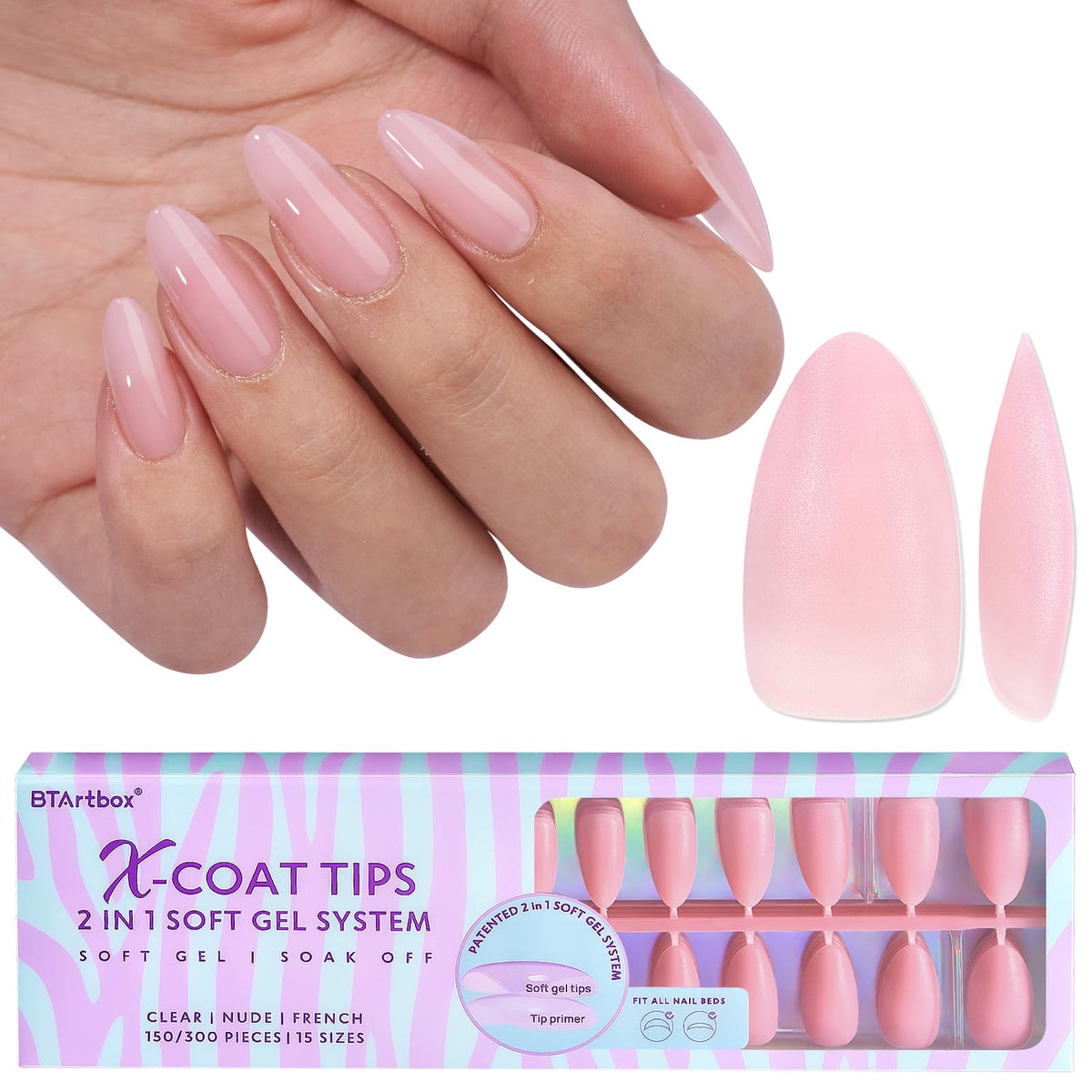 BTArtbox XCOATTIPS matte almond nails pink for natural look and easy wear.