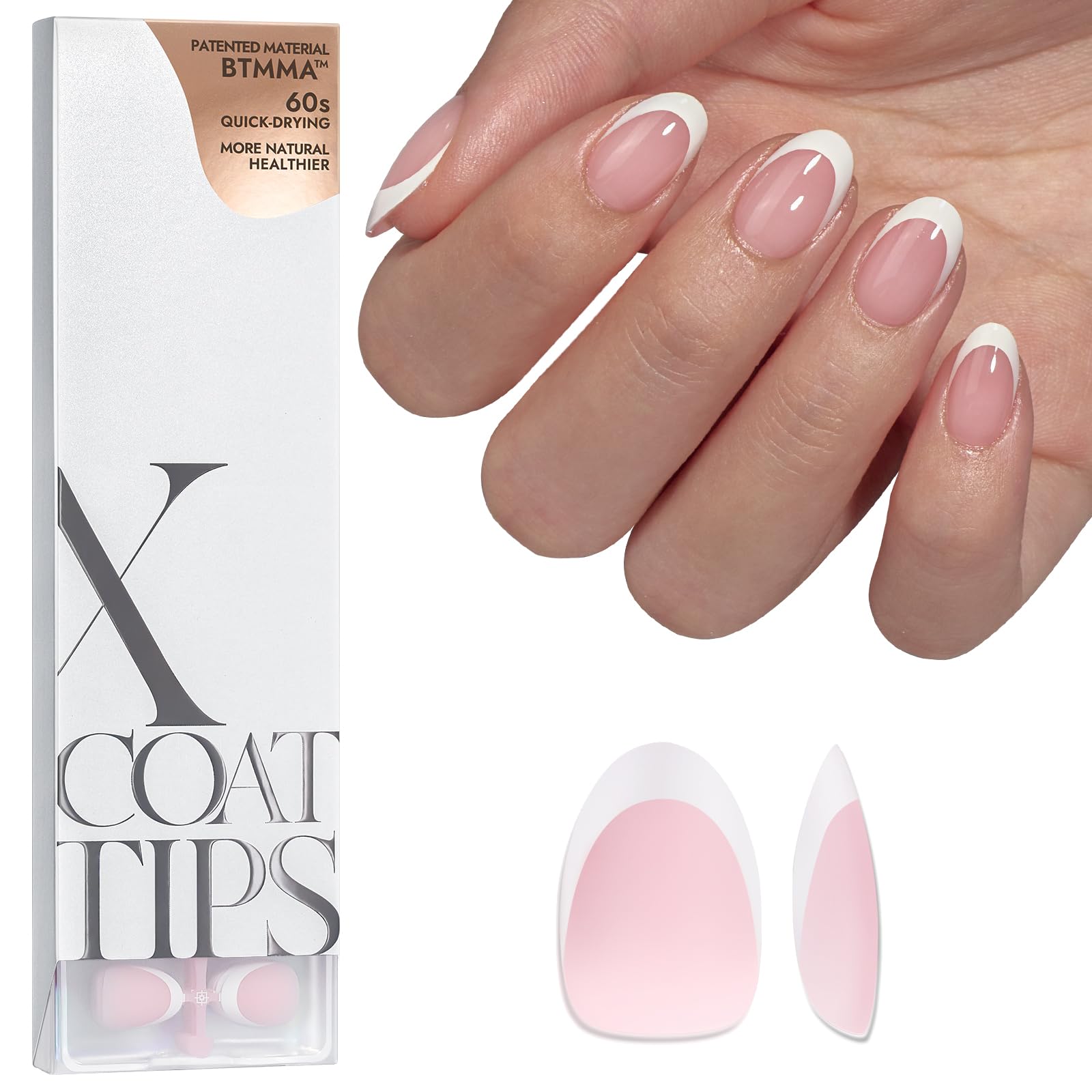 BTArtboxnails French tip press on nails pink extra short almond pack shot for quick home manicure
