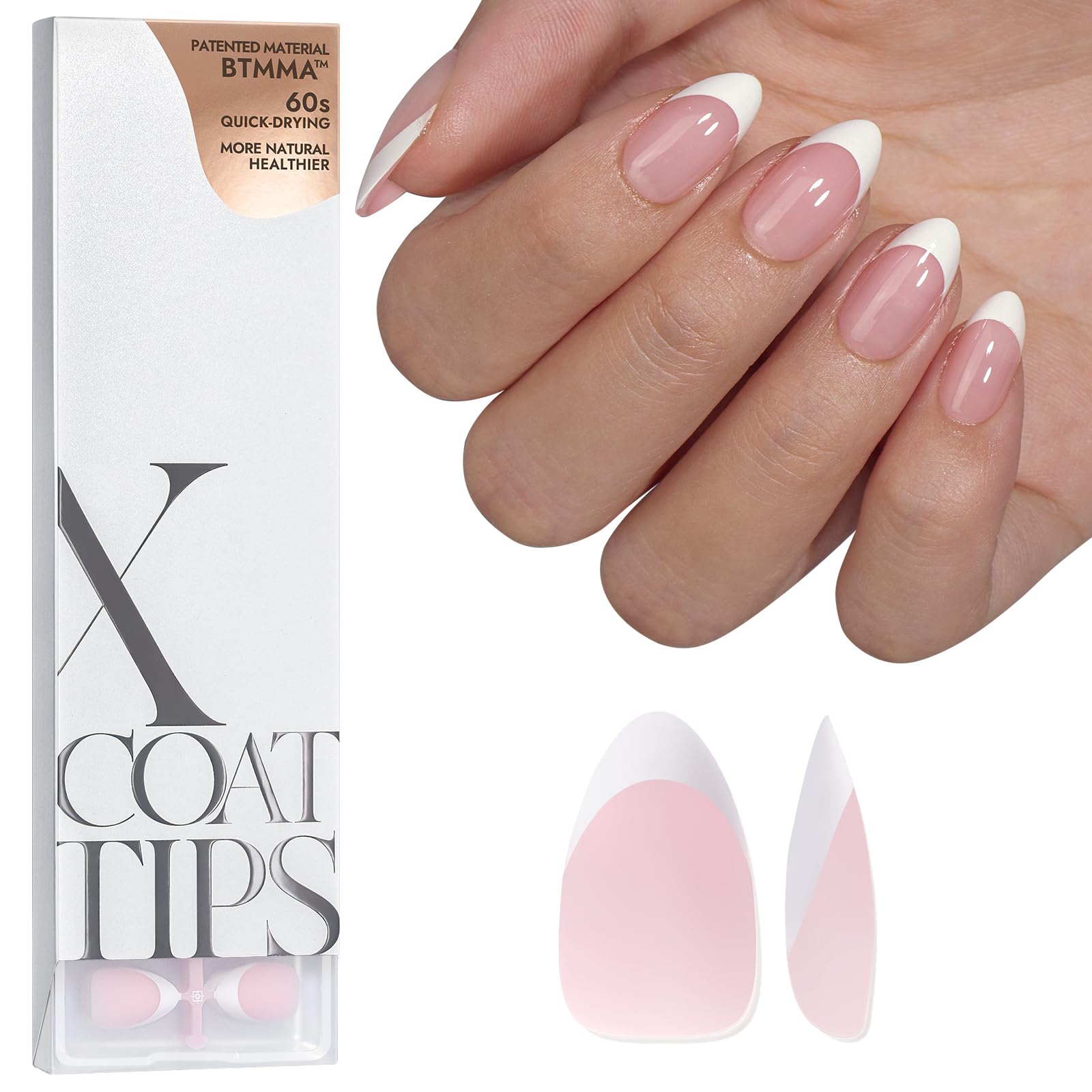 BTArtboxnails French tip press-on nails in pink short almond for quick French manicure.
