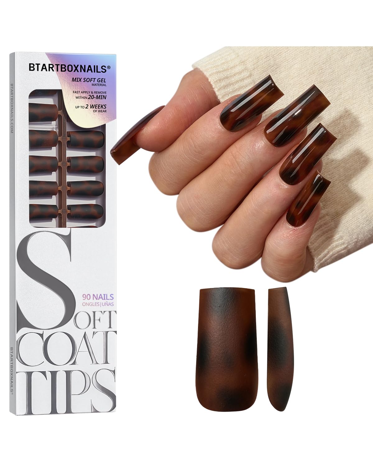 BTArtboxnails SoftCoatTips tortoiseshell long square for a bold, salon-like manicure at home.