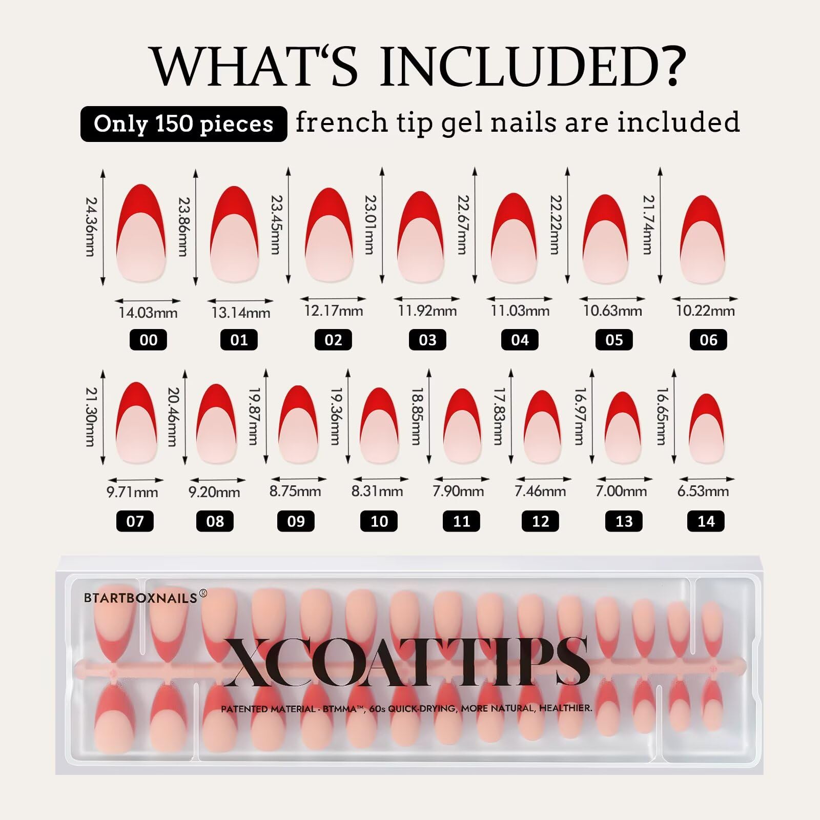 BTArtboxnails XCOATTIPS 150-piece packaging supports home salon use.