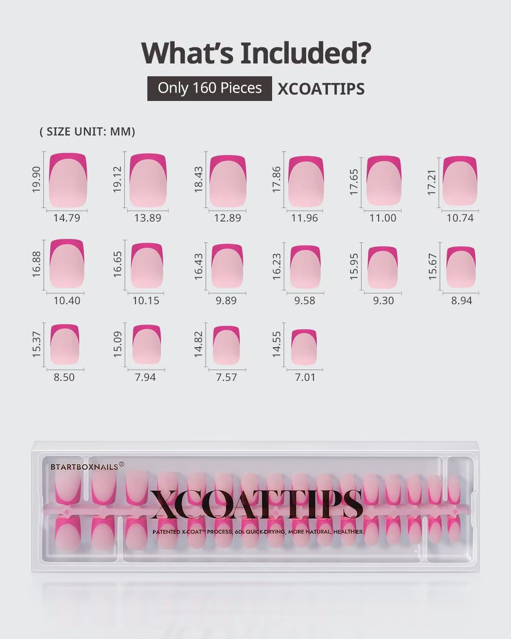 BTArtboxnails XCOATTIPS 16 sizes pack ensures better fit across natural nails.