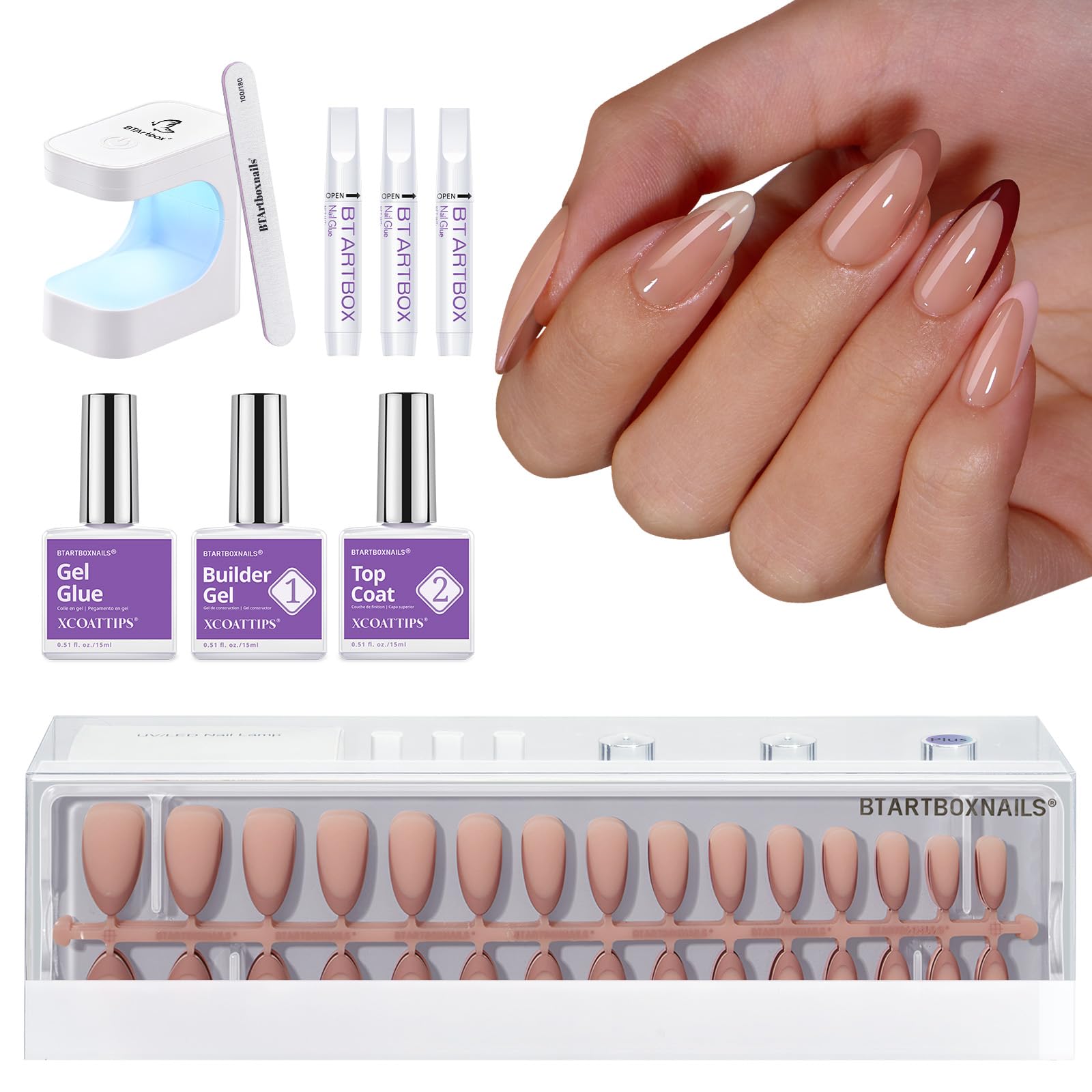 BTArtboxnails XCOATTIPS almond nails close-up for salon-style French tips at home