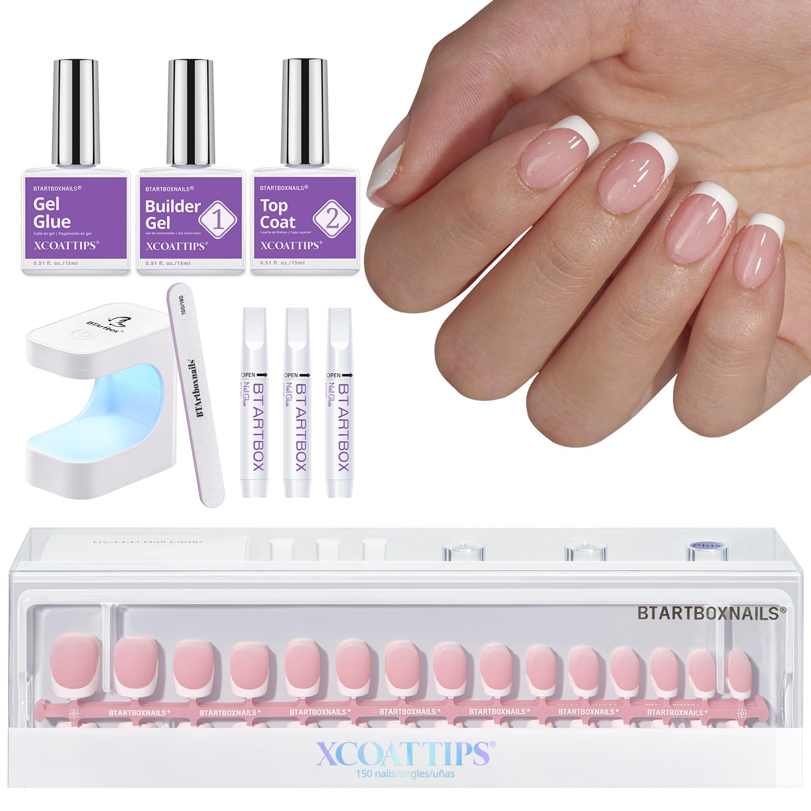 BTArtboxnails XCOATTIPS French nails kit image showing tips and gel for easy manicure.