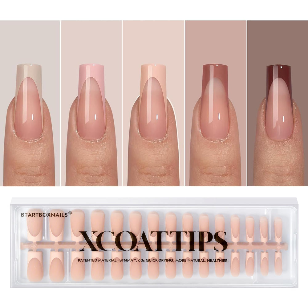 BTArtboxnails XCOATTIPS French Tip long square nails offer a chic manicure option.