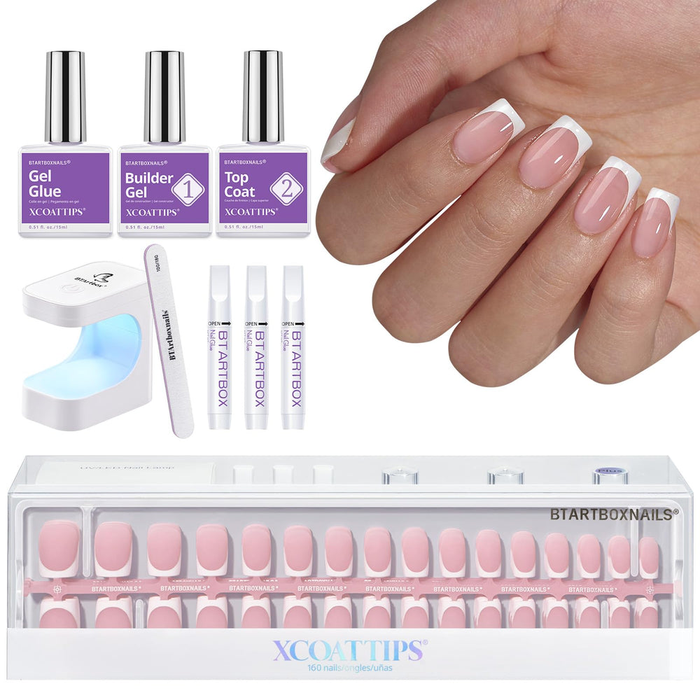 BTArtboxnails XCOATTIPS kit contents for at-home French manicure setup.