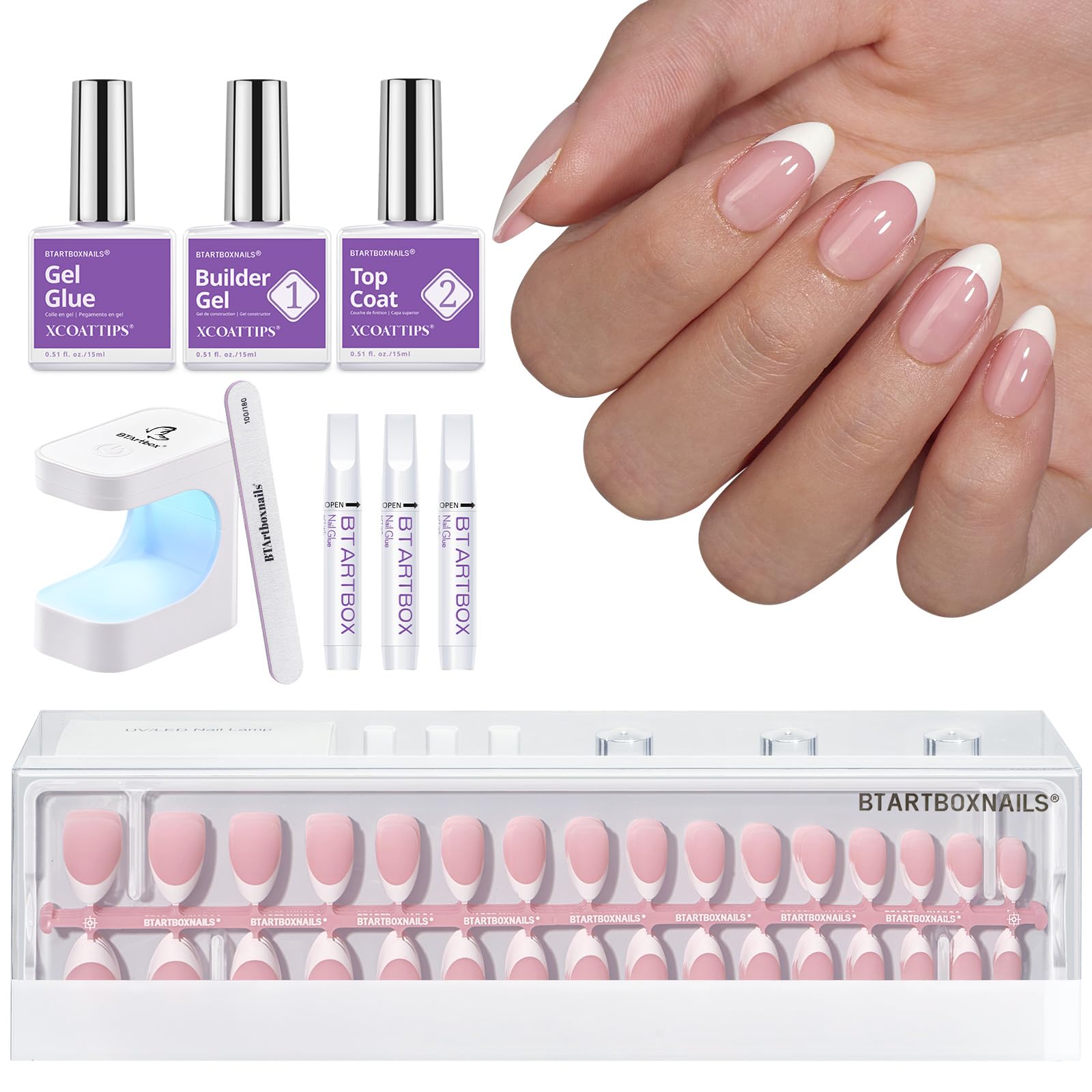BTArtboxnails XCOATTIPS kit layout showing all-in-one french nail system for home use