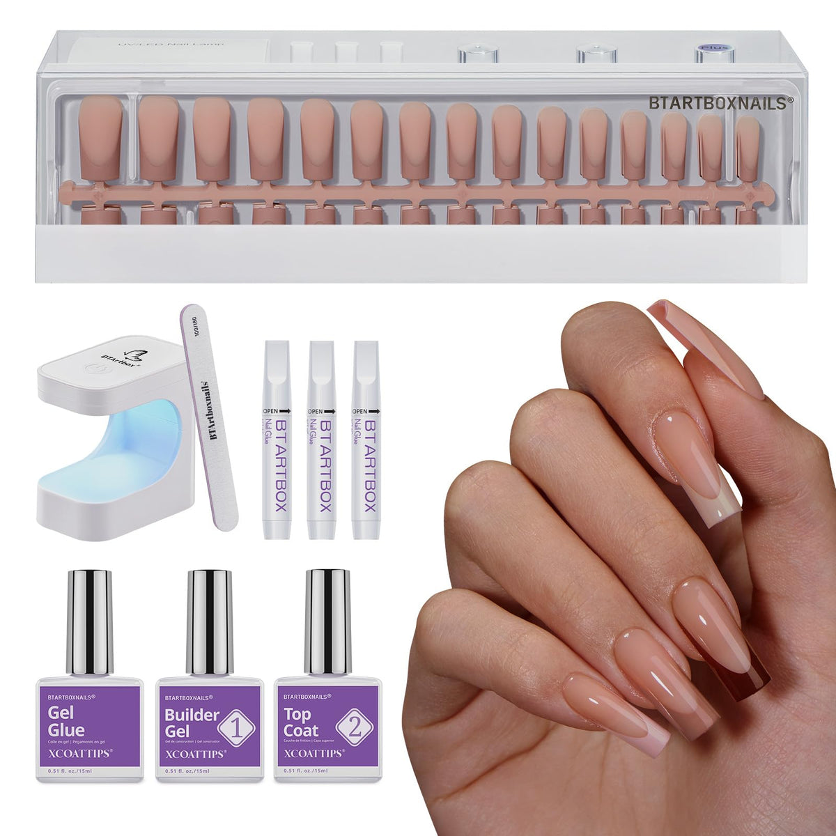 BTArtboxnails XCOATTIPS long square press-on nails with soft gel tips for salon-grade extensions