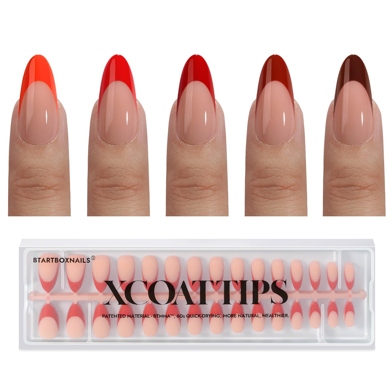 BTArtboxnails XCOATTIPS red French tip almond close-up for natural-looking extension.
