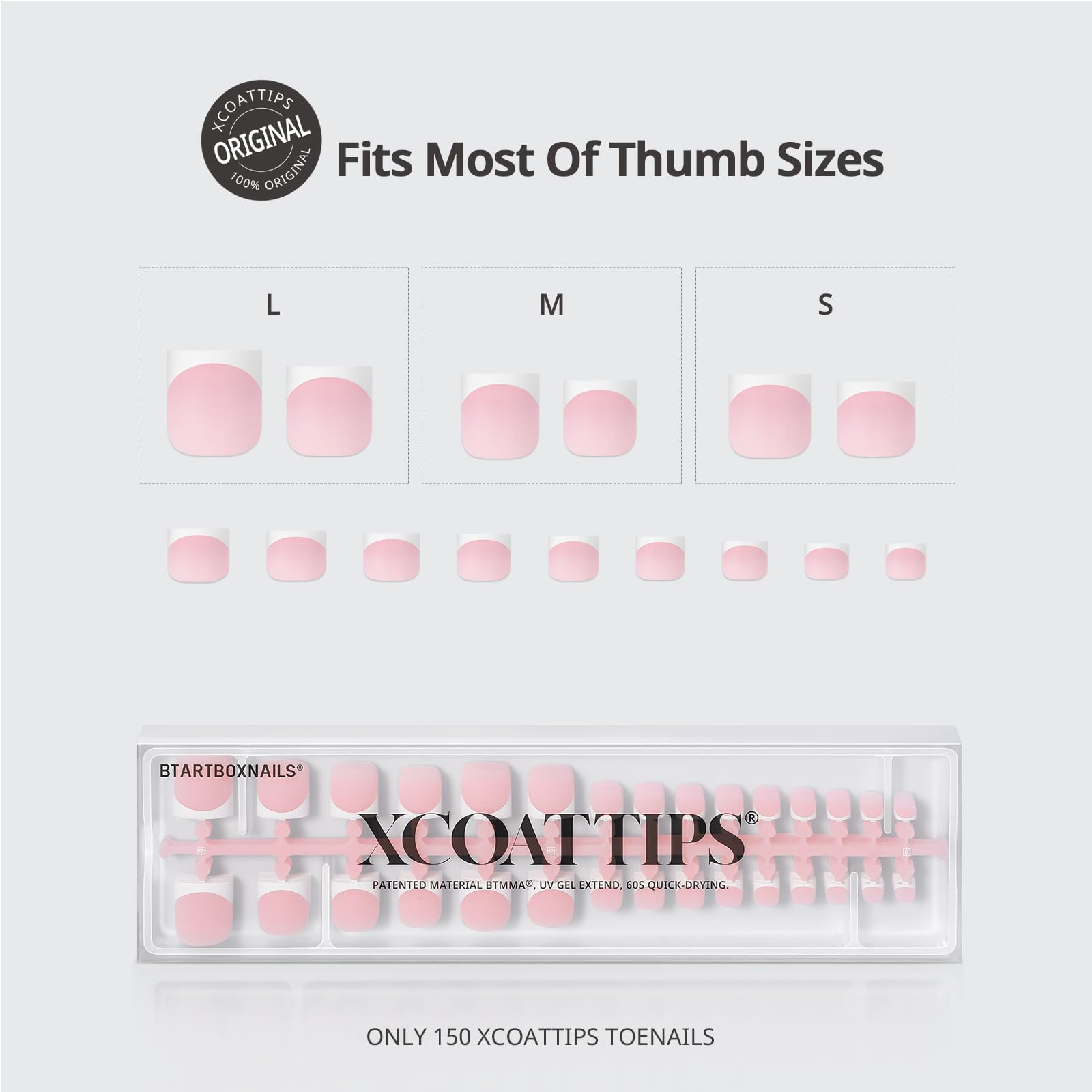 BTArtboxnails XCOATTIPS six sizes for big toes provide custom fit and comfort.