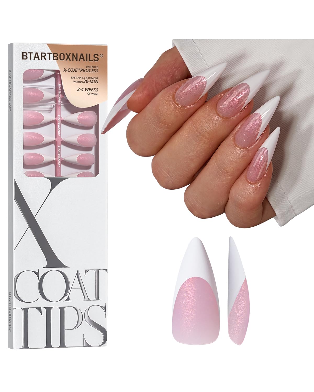 BTArtboxnails XCOATTIPS stiletto nails with pink glitter base for a chic French manicure.