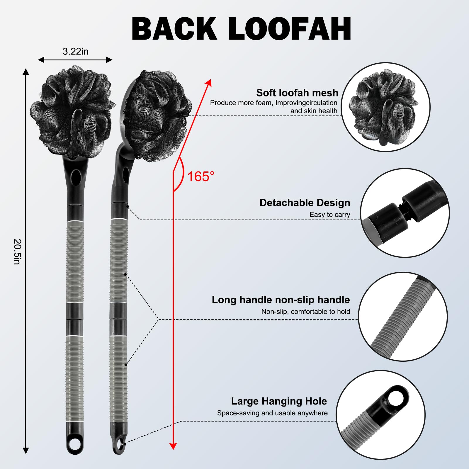 BTideas Loofah detachable handle assembly provides two-part grip for secure wet use.