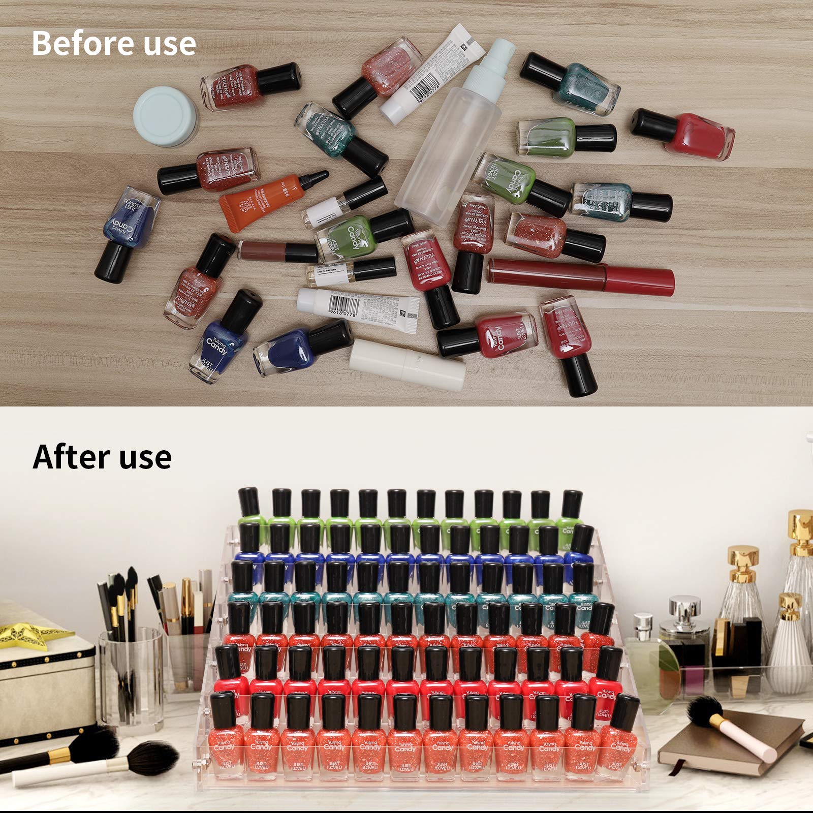 BTremary clear organizer holds 48-96 bottles, simplifying display organization.