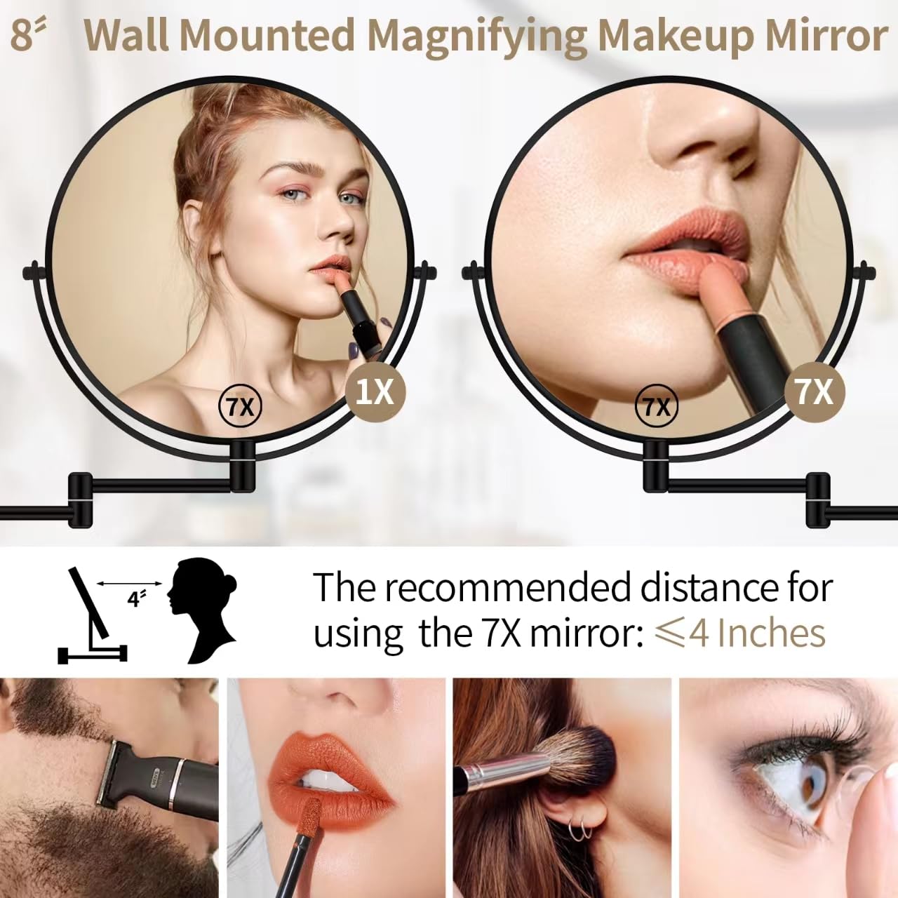 BTremary extendable arm mirror extended to 13 inches for comfortable grooming.