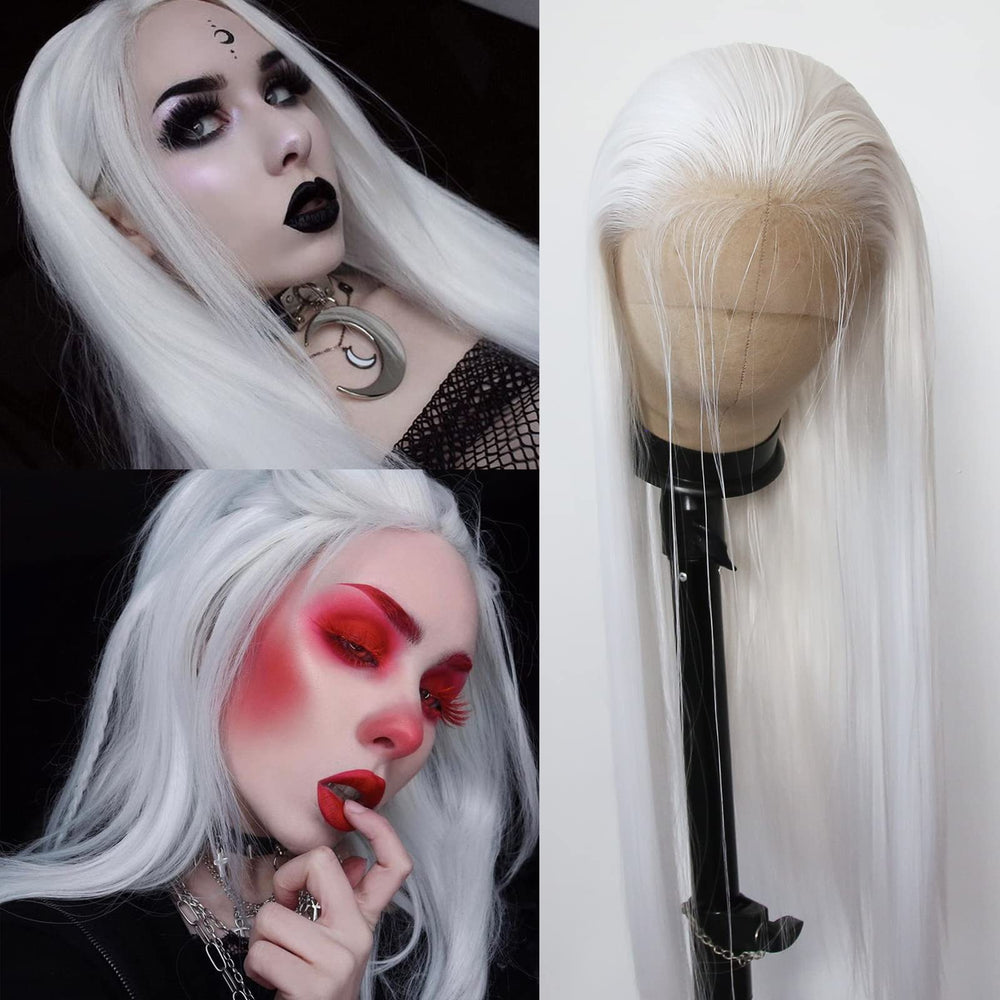 BTWTRY long straight platinum snow white lace-front wig for a sleek, fashion-forward look.