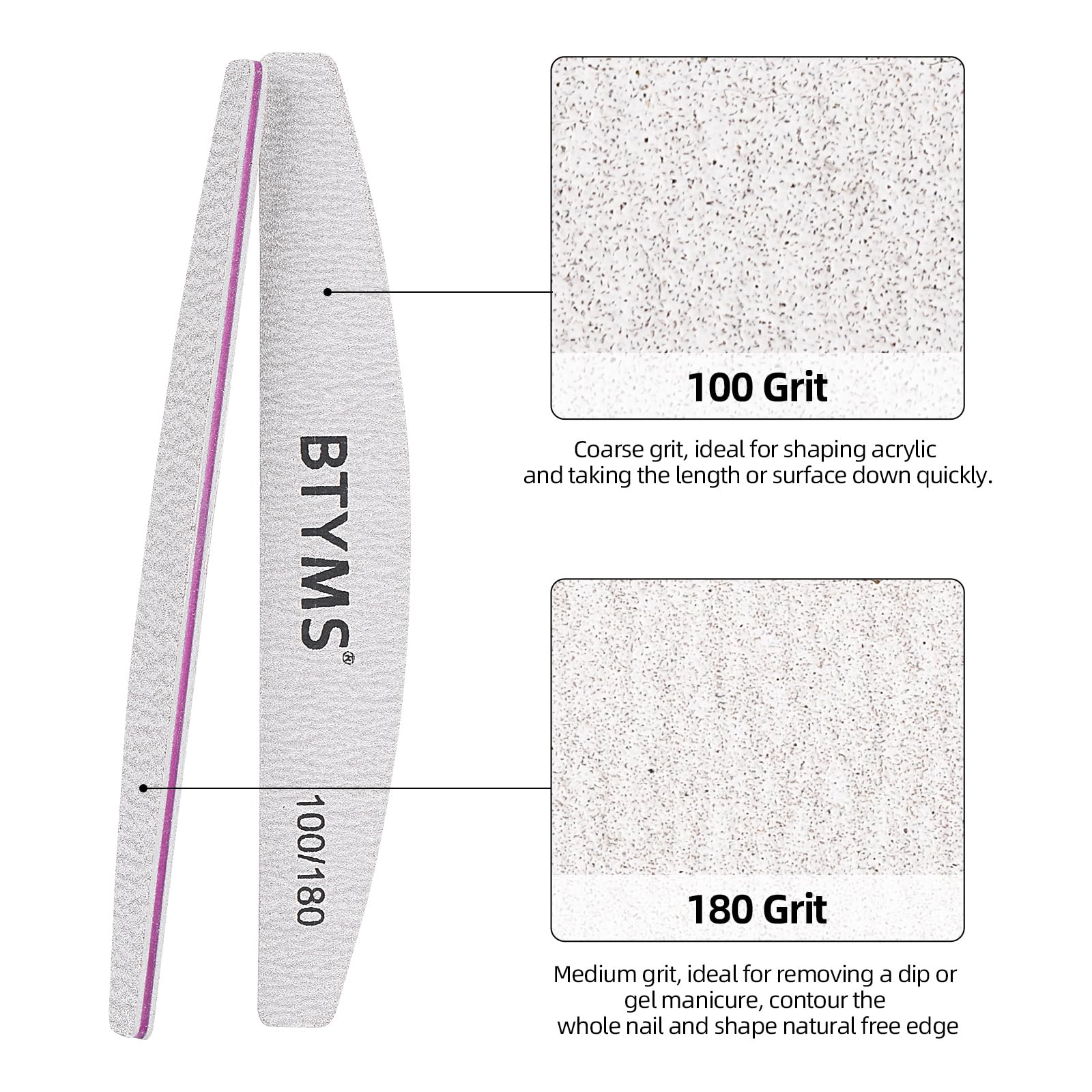 BTYMS nail files 100 grit coarse side enables quick shaping of acrylics and thick nails