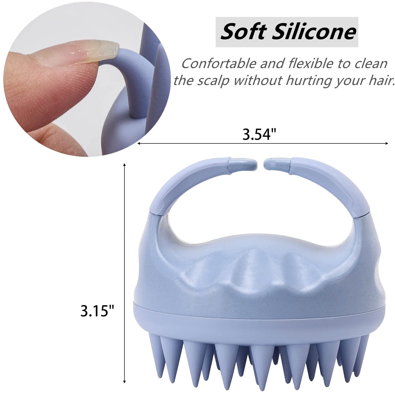 BTYMS blue scalp scrubber shown in hand for convenient shower use.